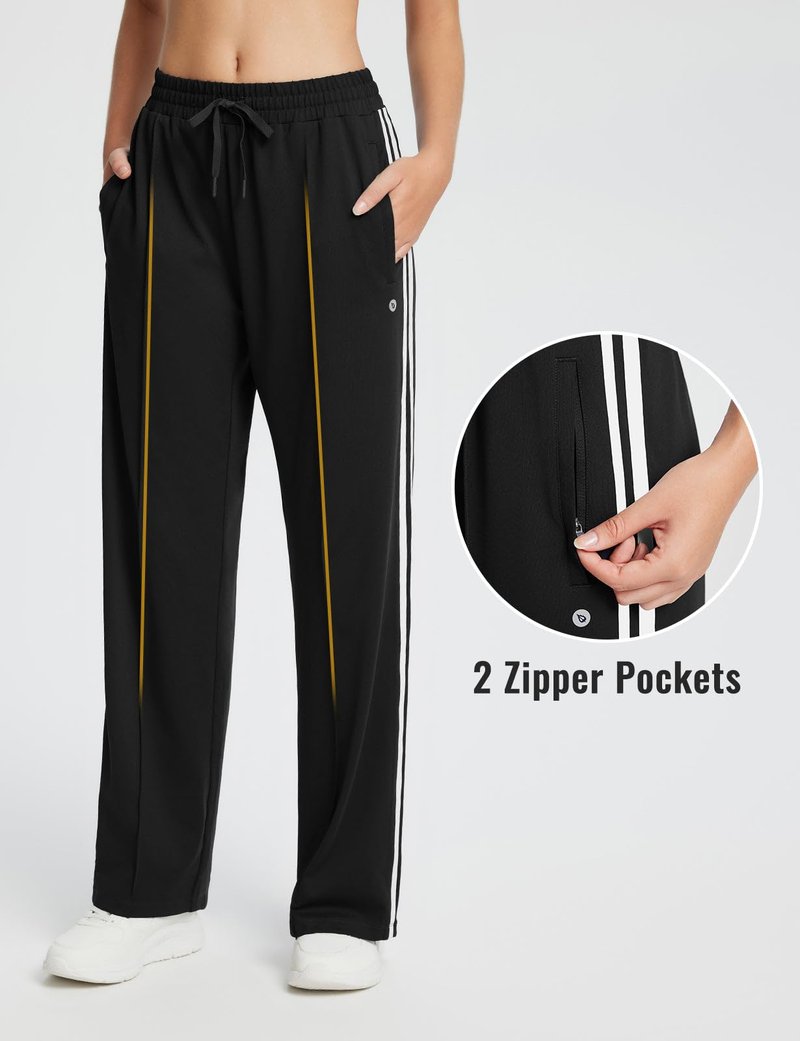 baleaf Womens Track Pants Athletic Running Pants Sweatpants Straight Leg Zipper Pockets Sports Jogging Striped Loose Fit Black/White M