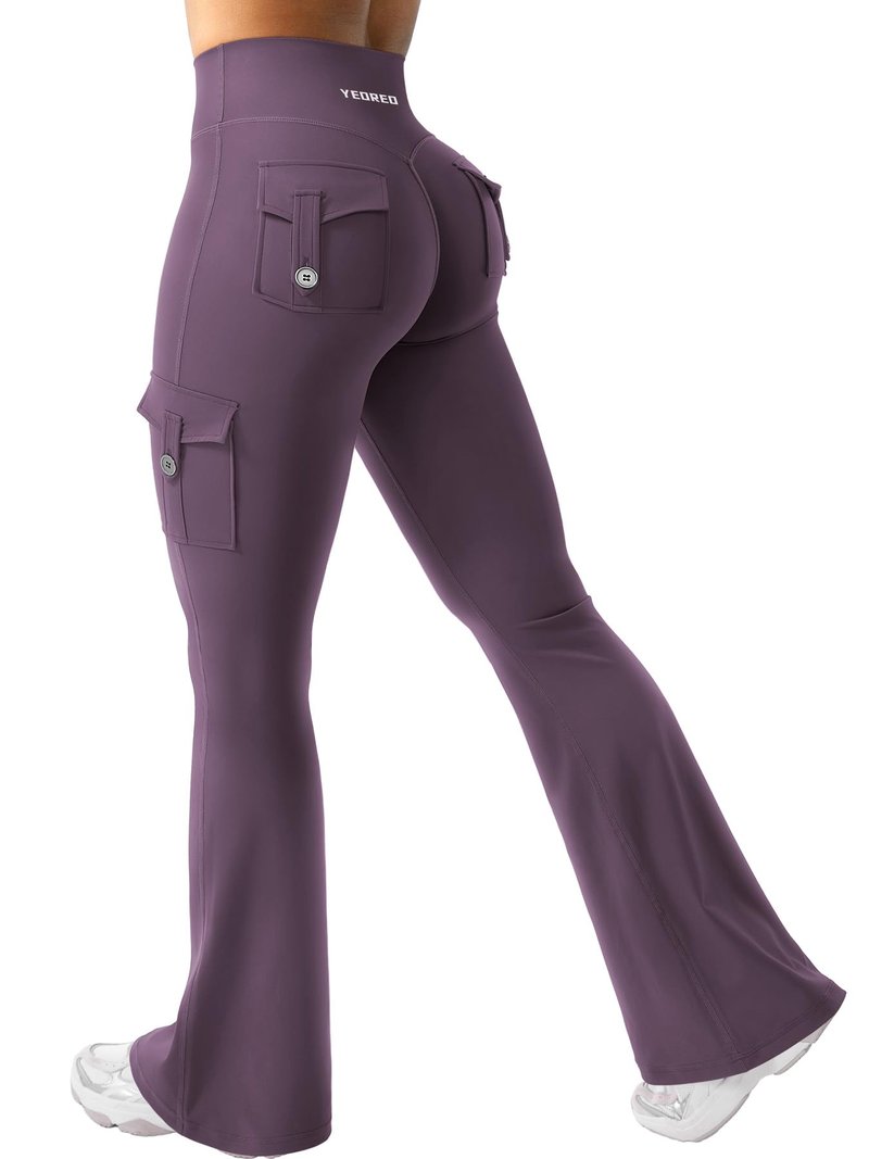 YEOREO CoreFlex Women Workout Flare Leggings with Pockets Hidden Scrunch Cargo Gym Yoga No Front Seam Leggings Black Berry Purple L