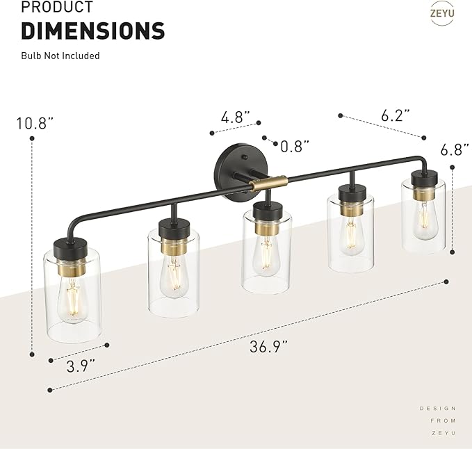 zeyu 36.5 Inch Modern Vanity Lights Over Mirror with Clear Glass Shade, 5-Light Bathroom Light Fixtures for Bathroom, Bedroom, Hallway, Black and Gold Finish, ZS62B-5W BK+BG