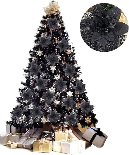 RECUTMS Christmas Tree Ornaments 10Pcs Glitter Poinsettia,Artificial Poinsettia Flowers Xmas Tree Ornaments 6" Wide for Xmas Tree Wreaths Garland Holiday Seasonal Wedding Decorations(Black)