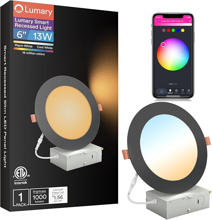 Lumary Black Smart Recessed Lighting 6 Inch, Color Changing LED Recessed Lights with J-Box 13W 1000LM, Dimmable Canless Wafer Downlight, Compatible with Alexa/Google Assistant, ETL Listed, 1 Pack