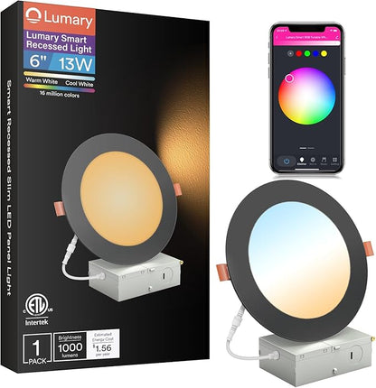 Lumary Black Smart Recessed Lighting 6 Inch, Color Changing LED Recessed Lights with J-Box 13W 1000LM, Dimmable Canless Wafer Downlight, Compatible with Alexa/Google Assistant, ETL Listed, 1 Pack