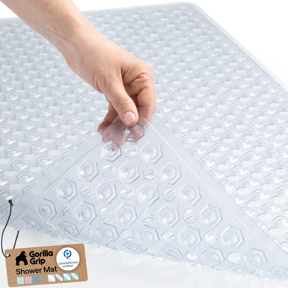 GORILLA GRIP Patented Bath Tub Shower Mat, Machine Washable Bathtub Floor Liner Mats, Suction Cups and Drain Holes to Keep Tubs Clean, Soft on Feet, Bathroom Essentials, 35x16 Inch, Clear