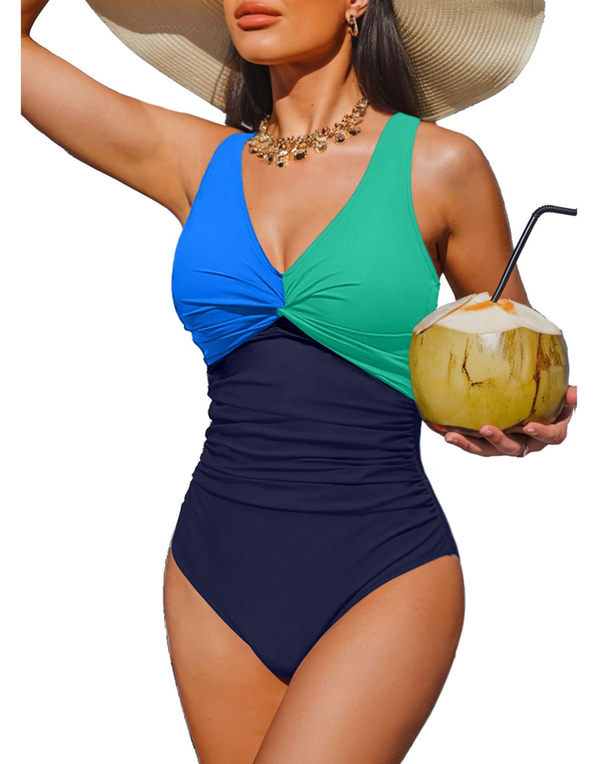 Holipick Blue Green Block Women Tummy Control One Piece Swimsuit - Push Up Bathing Suit Full Coverage Slimming Swimwear XL