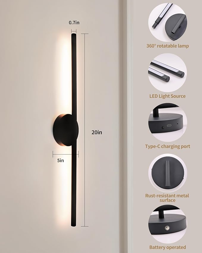 Wireless Wall Sconces Set of 2 Led，28Inch Battery Operated Wall Lights with Remote Control，360°Rotate Dimmable Wall Lamps for Living Room, Bedroom and Hallway (Black)