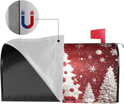 Festive Magnetic Mailbox Cover Red Christmas Tree Pattern Outdoor Mailbox Protector Holiday Seasonal Decorative Garden Yard Home Standard Size 21 x 18 Inch