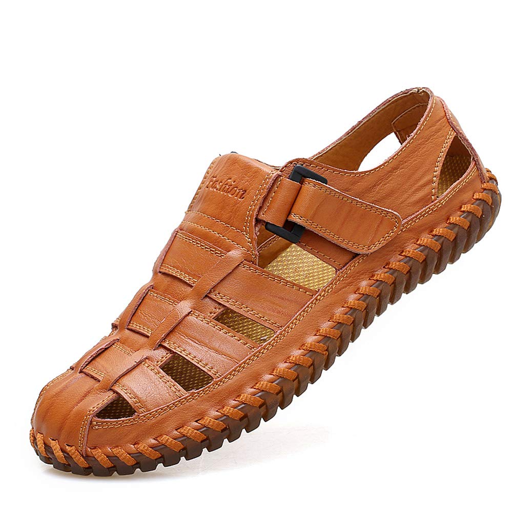 Qiucdzi Mens Sport Sandals Breathable Outdoor Fisherman Shoes Adjustable Closed Toe Summer Leather Loafters,Dark Brown