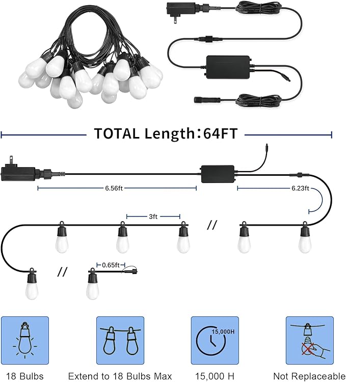 Outdoor String Lights 59FT Smart Patio Lights with APP Control, 18 LED Bulbs RGB IC Warm White, IP65 Waterproof Color Changing for Christmas, Patio, Backyard, Garden, Party, Holiday Decor