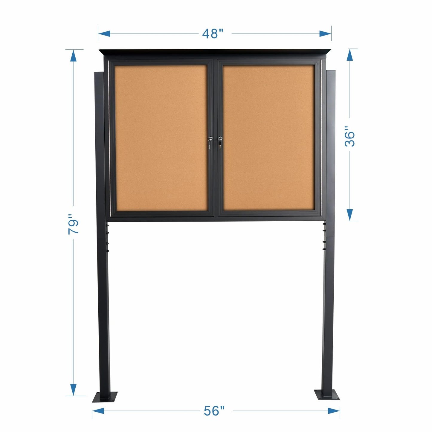 Standing Enclosed Bulletin Board 36”x48” Weather-Resistant Outdoor Noticeboard with Locking Doors，Community Sign with Metal Pole & Black Aluminum Frame & Cork Presentation Board