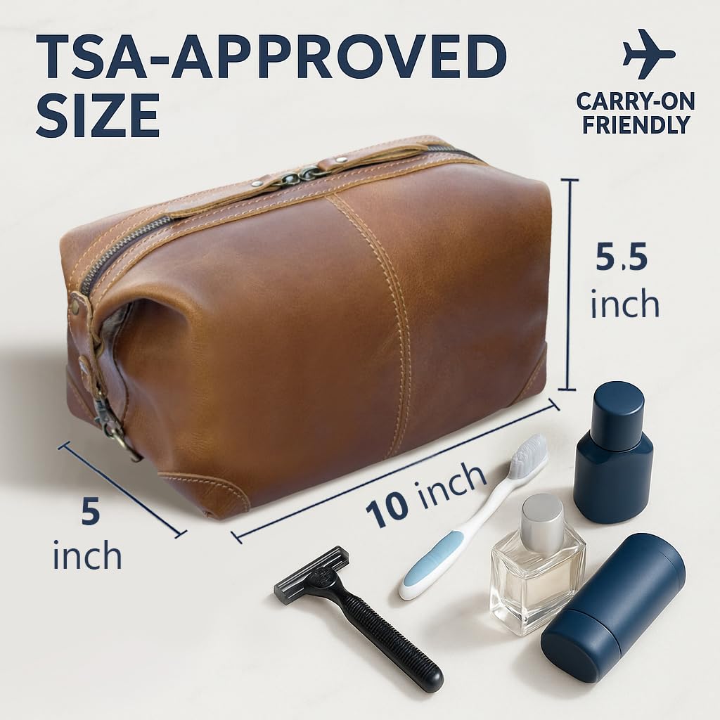 RUSTIC TOWN Full Grain Leather Toiletry Bag for Men & Women – Handcrafted Travel Dopp Kit – Large Water-Resistant Makeup & Shaving Organizer