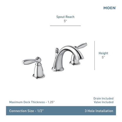 Moen Brantford Chrome Two-Handle High Arc Widespread Bathroom Sink Faucet for 3-Hole Setups with Valve Included, TV6620