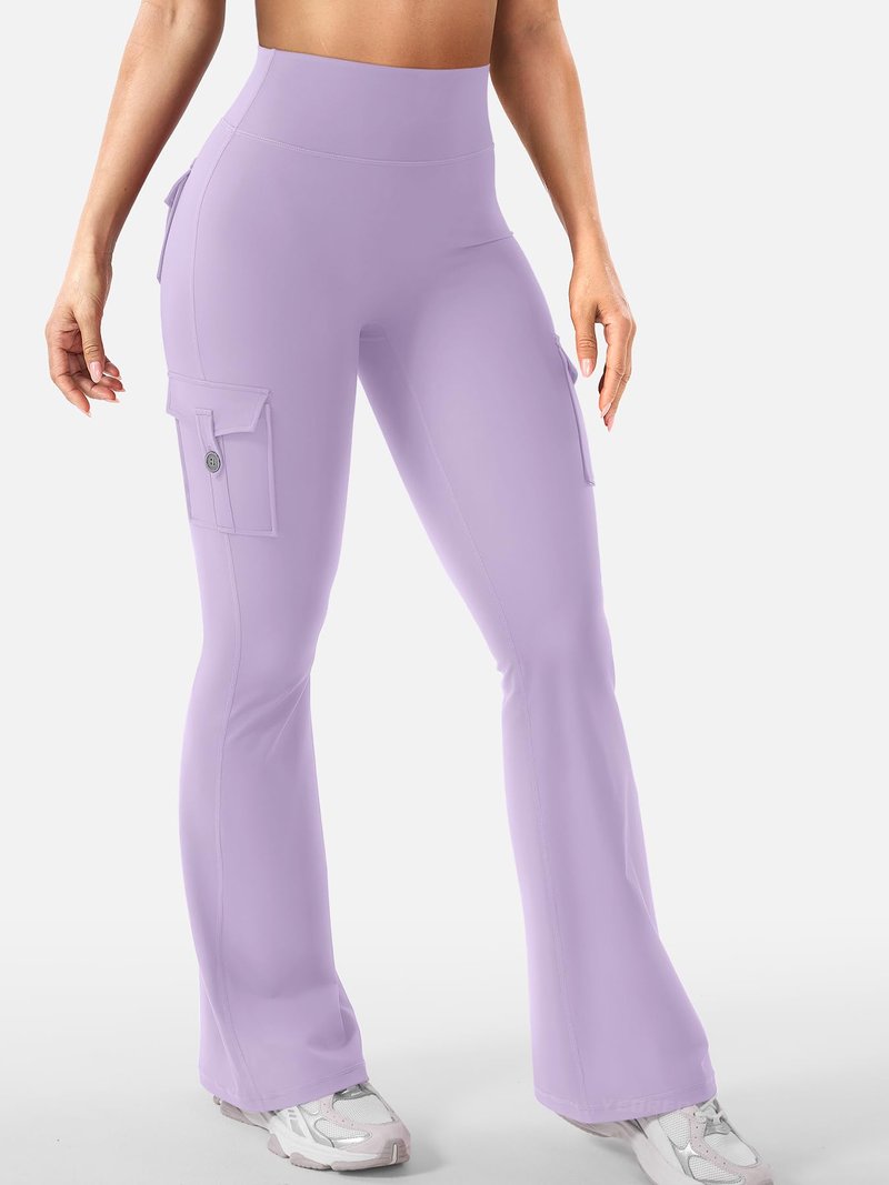 YEOREO CoreFlex Women Workout Flare Leggings with Pockets Hidden Scrunch High Waisted Cargo Gym Yoga Leggings Fog Purple M
