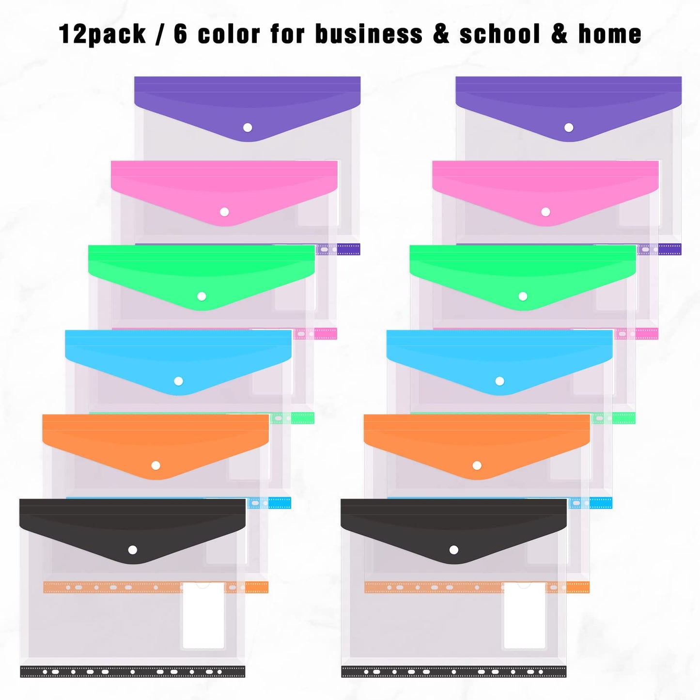 Colorlife Binder Pocket 12 Pack Plastic Envelopes Binder Folders 11 Holes Expandable Binder Folders for 2/3/4 Ring Document Pouch with Snap Button & Label Loose-Leaf Transparent for Office School Home