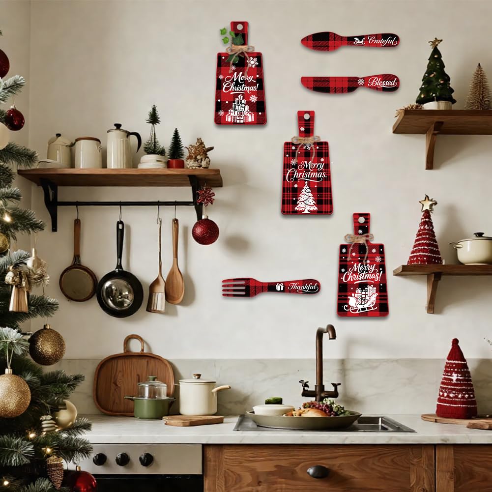 PH PandaHall 6pcs Christmas Wooden Sign, Red Plaid Christmas Kitchen Eat Sign Decorations Wall Decor Eat Art Hanging Fork Spoon Dining Signs for Home Kitchen Dining Living Room Bar Cafe
