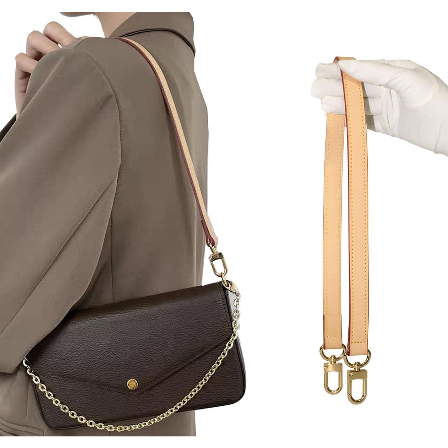 BEUDW Vachetta Leather Handbag Strap, Suitable for Changing Shoulder Straps on L V Handbags and Bucket Bags(Apricot-W:0.7in,L：25.6in)