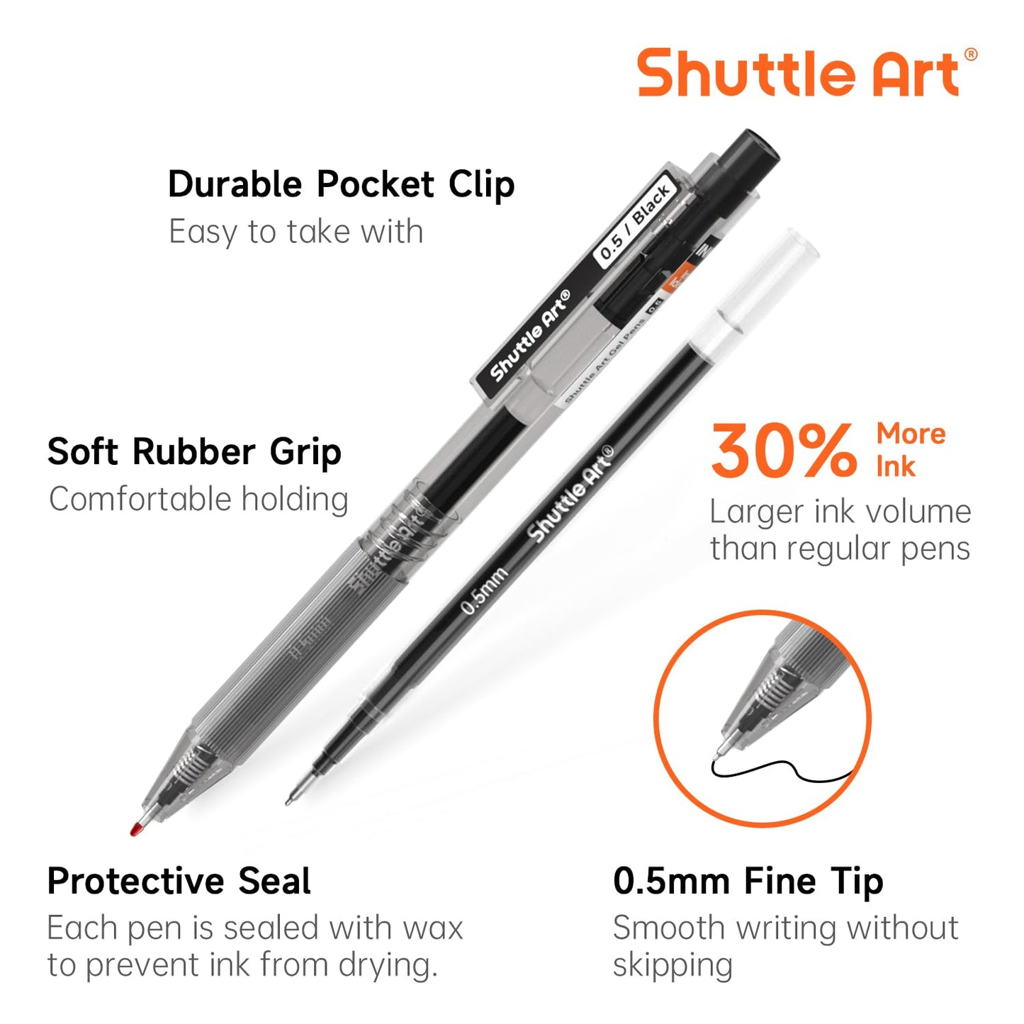 Shuttle Art Black Gel Pens, Ink Glide Series 60 Pack Retractable 0.5mm Fine Point Rollerball Gel Ink Pens Bulk Set Quick Drying Smooth Writing with Grip for Journaling Note Taking Office School Home