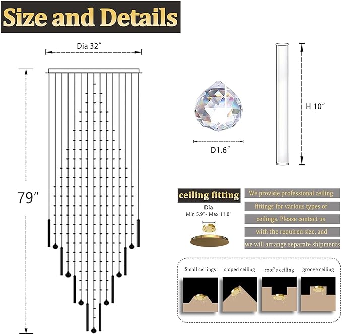 Flashing God D32''X H79'' Extra Large Chandeliers for High Ceilings Square Crystal Raindrop Gold Chandeliers Large Villa Chandelier Entrance Foyer Ceiling Light LED Dimmable 2700K-6000K