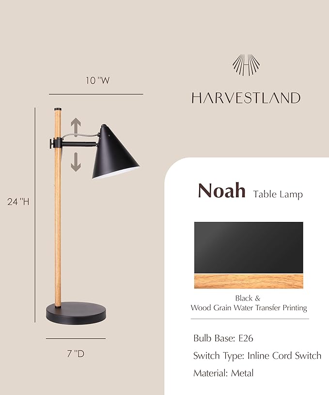 HarvestLand Noah Black Desk Lamp – Adjustable Architect Desk Lamp, Industrial Table Lamp with Solid Base for Living Room, Bedside Table, Home Office and Bedside Reading