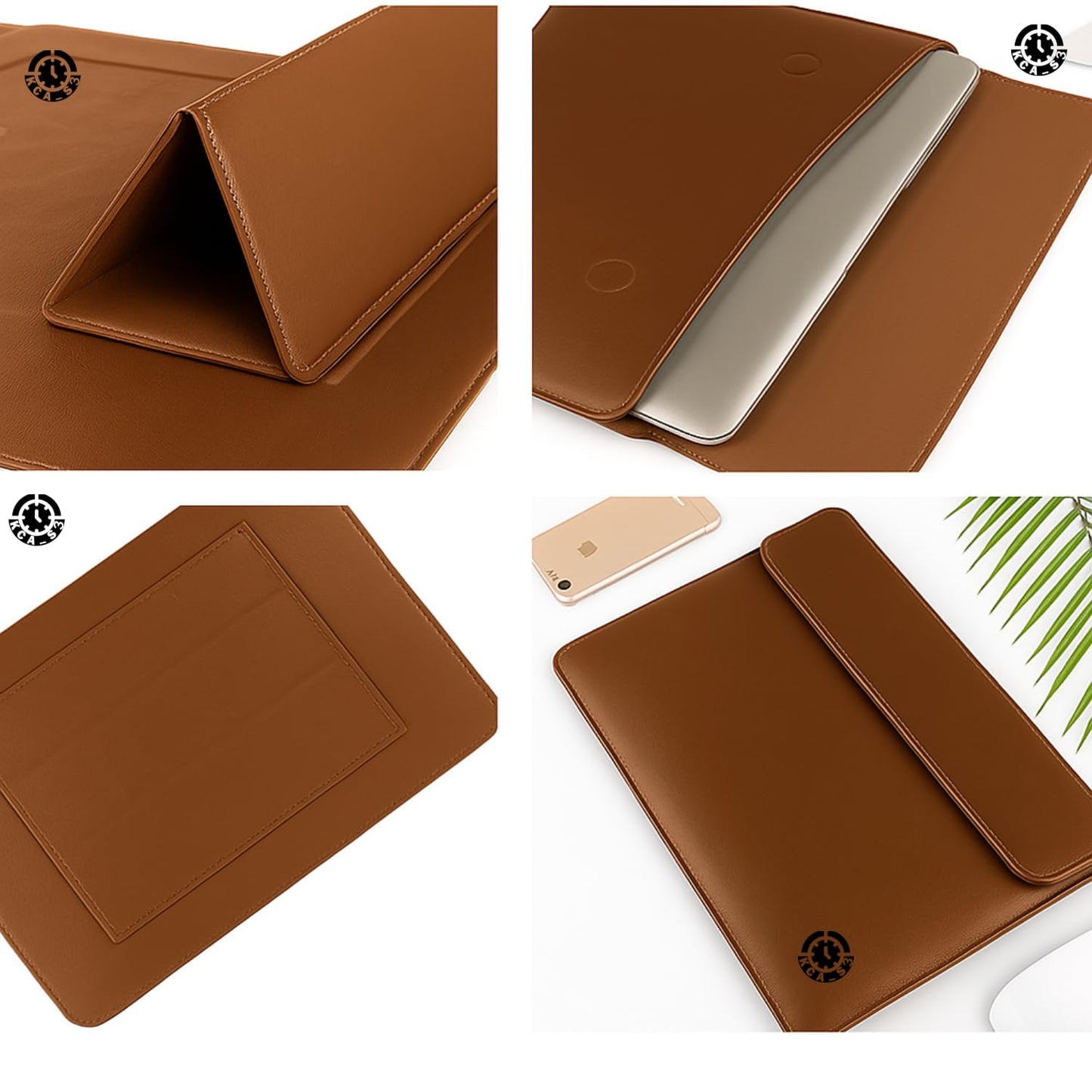 Brown Premium Laptop Sleeve 14-15.6 Inch ONLY MacBook Pro Air 15 Dell XPS HP Envy Lenovo ThinkPad Surface Waterproof PU Leather Stand Mouse Pad Business, Not for 11-13”