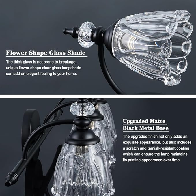 Matte Black Bathroom Vanity Light, Farmhouse Bathroom Light Fixtures Over Mirror, 3 Light Vanity Lighting Fixtures, Flower Glass Shade Wall Sconce Lighting