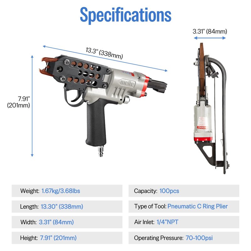 meite SC7C-I2 Pneumatic Hog Ring Gun with 2000 PCS 15GA Hog Rings, 15 Gauge 3/4" Crown Hog Ring Pliers, 5.5-6.0 mm Closure, Upgrade Trigger Air C Ringer Pliers for Mattress, Seat Assembly