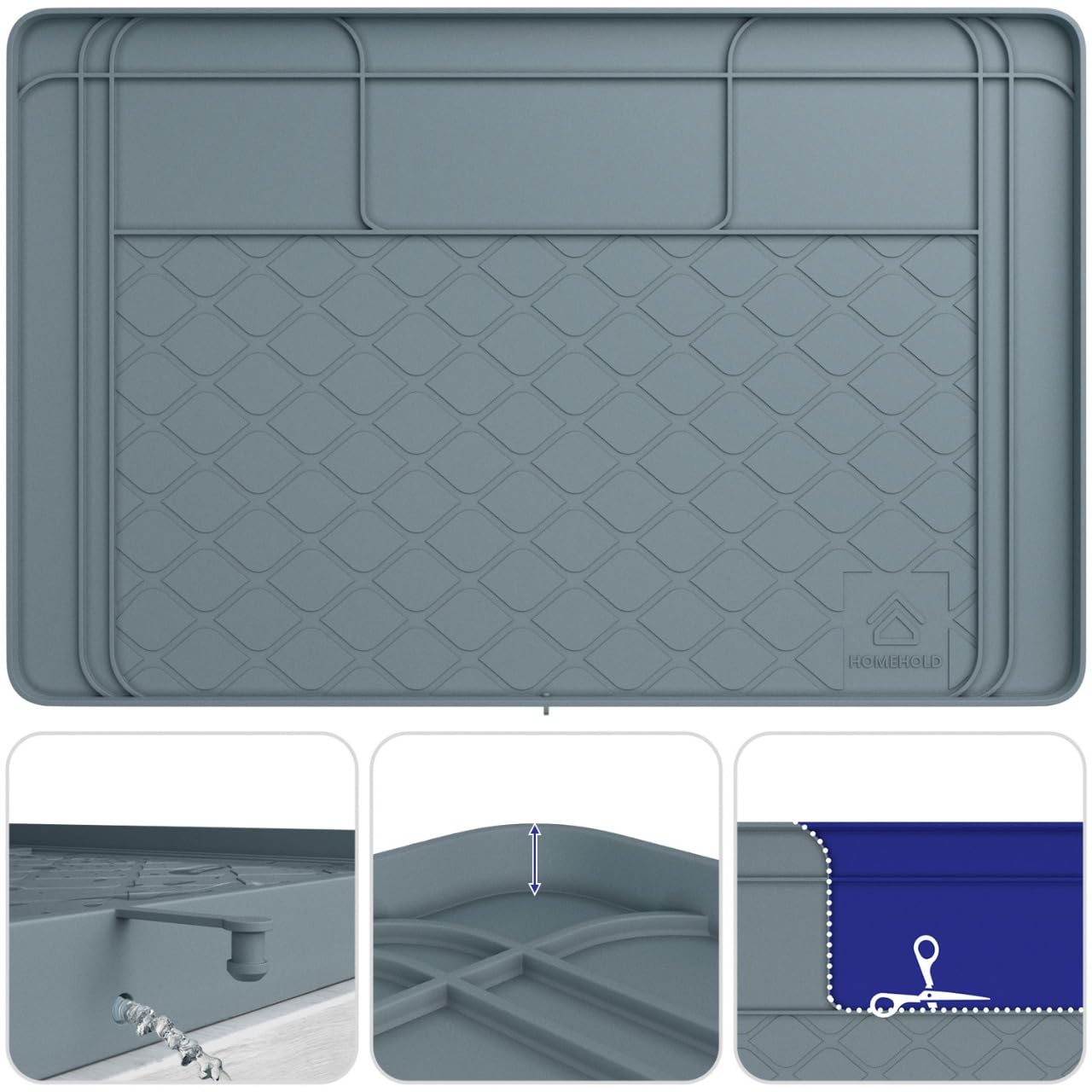 Premium Under Sink Mats for Kitchen Waterproof, 34" x 22" (Customizable to Smaller Sizes), Silicone Under Kitchen Sink Mat for Bathroom Cabinets, Holds up to 3.3 Gallons of Liquid – Grey