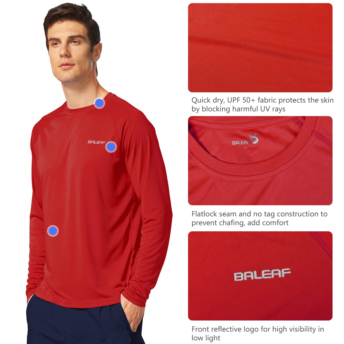 baleaf Mens UPF 50+ Sun Protection Shirts Long Sleeve Rash Guard, Quick Dry 4-Way Stretch for Fishing Swimming Surfing 01-Tomato 2XL