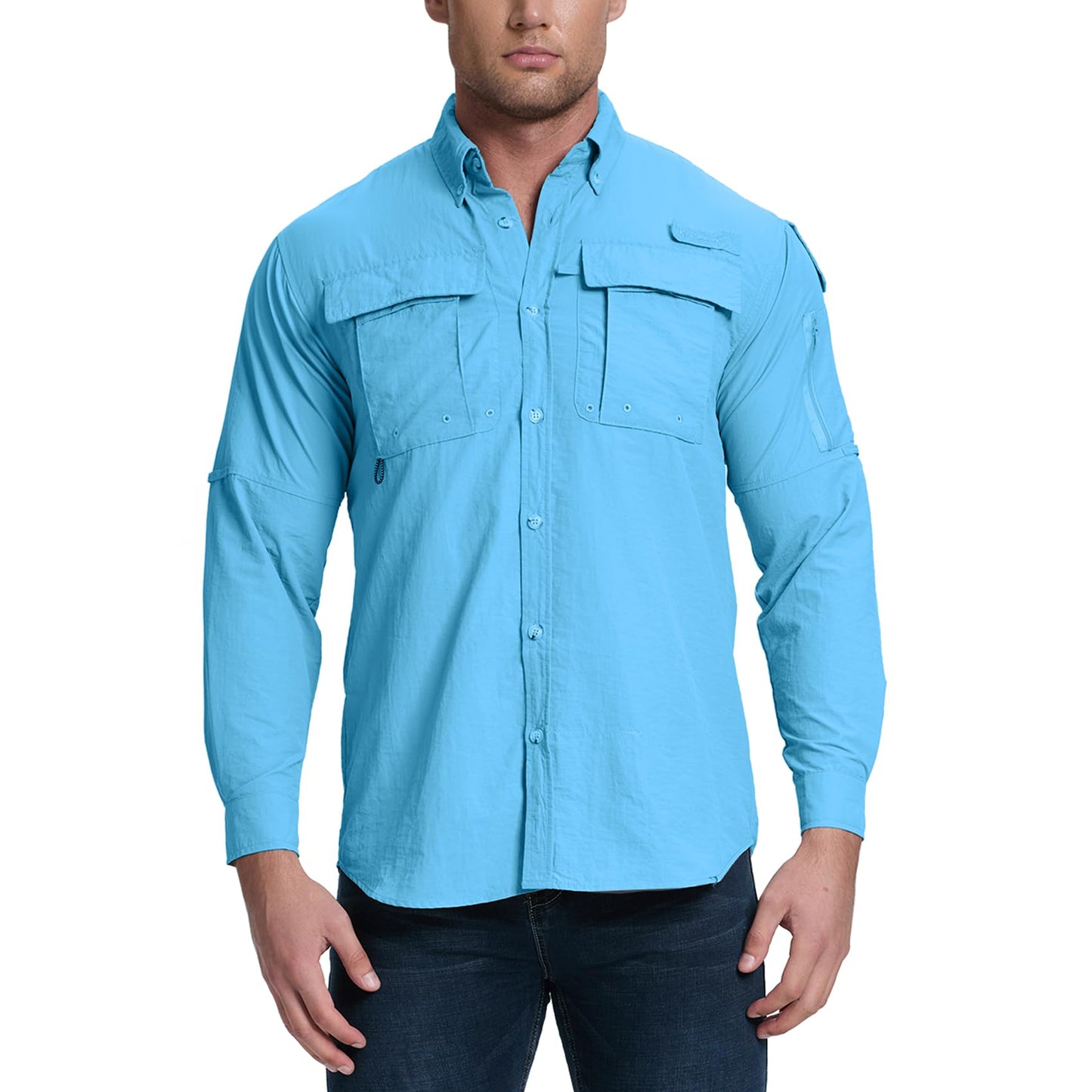 Riverruns UPF 50+ Men's Fishing Shirts Long Sleeve UV Protection Shirts Water-Repellent for Hiking, Fishing, Camping (Blue,Large)