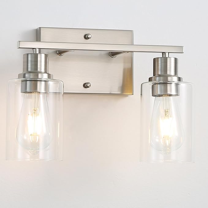 Farmhouse Wall Sconces 2-Lights Brushed Nickel Bathroom Vanity Light Fixtures,Classic Wall Lights with Clear Glass Shades, Modern Wall Lighting for Mirror,Bedroom,Living Room