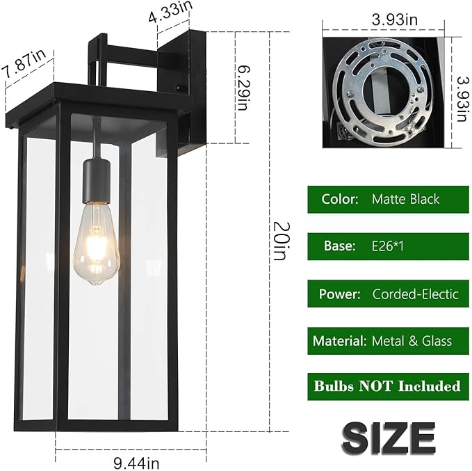 tewei Large Size Outdoor Wall Lantern Exterior Wall Light Fixture, Matte Black Porch Light Waterproof Outdoor Lights for House with Clear Glass Shade, E26 Base Wall Sconces for Garage (1 Pack)