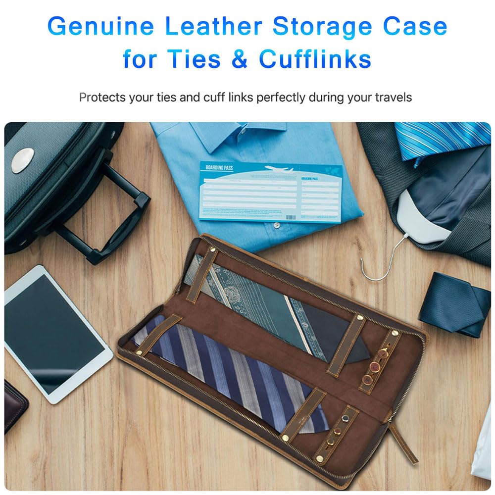 CONTACTS Ties Travel Case Leather Neckties Storage Box Formal Dress Accessories Anti Wrinkle Organizer for 2 Ties with Cufflinks Holder