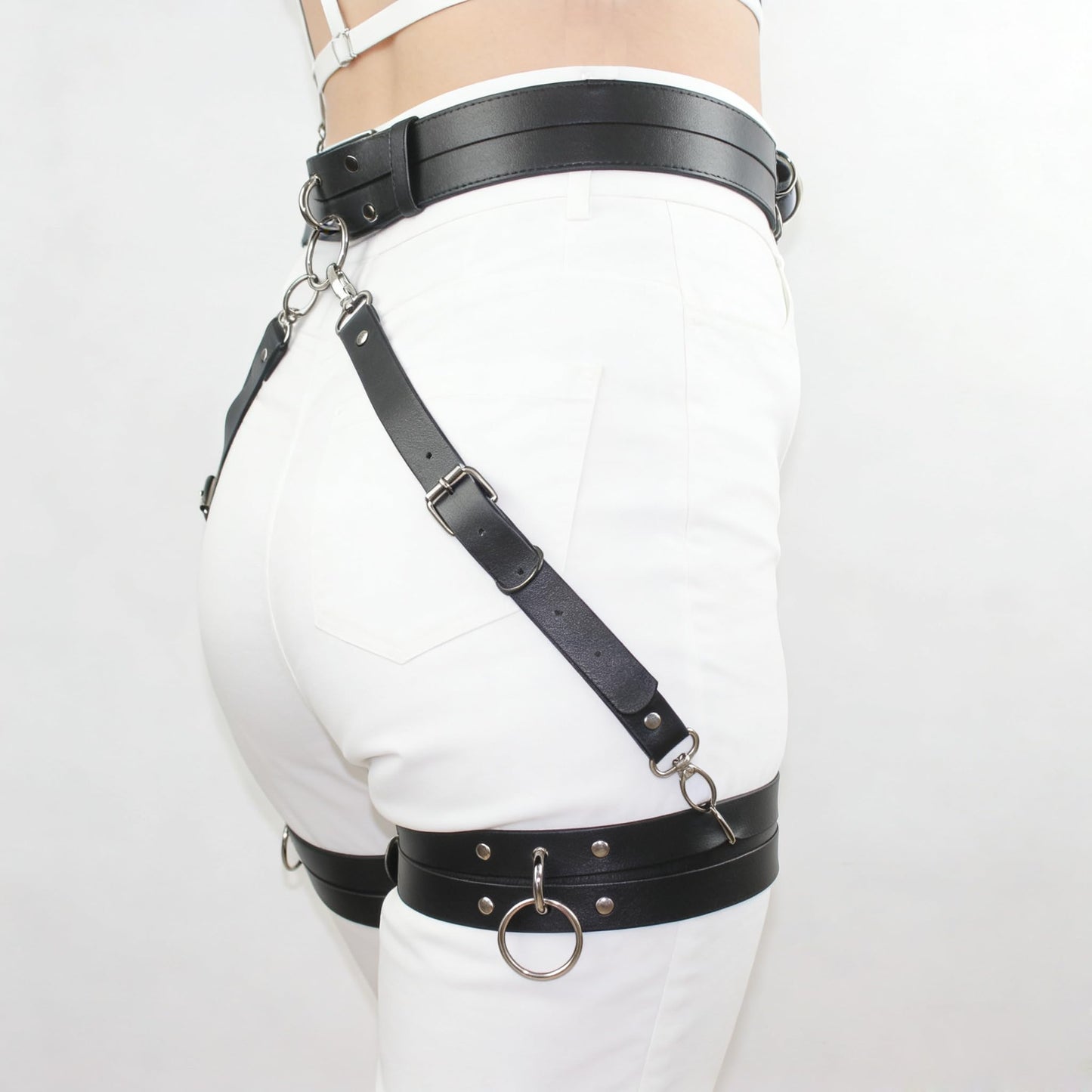 Women's Punk Gothic Leather Thigh Harness & Garter Belt Set-Adjustable Waist Cincher with Anti-Slip Leg Garter Straps for Cosplay,Nightclub Party Outfits and Body Chain Fashion Accessories