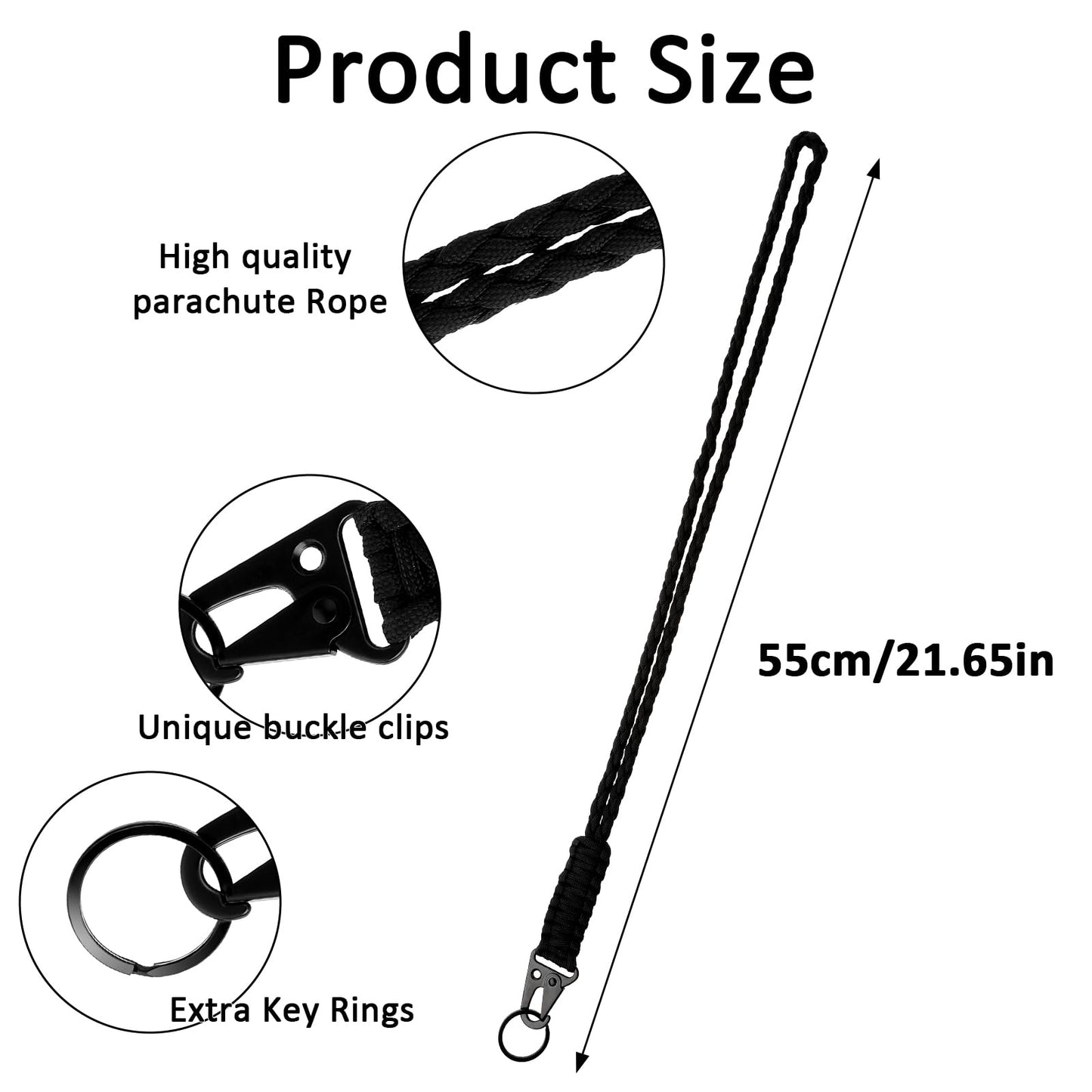 Gjinxi Paracord Lanyard Heavy Duty Braided Paracord Lanyards Keychain Lanyard Adventure Key Chains Men Nylon Rope for Necklace Keyring ID Card Badge Holder Camera Wall (Black)