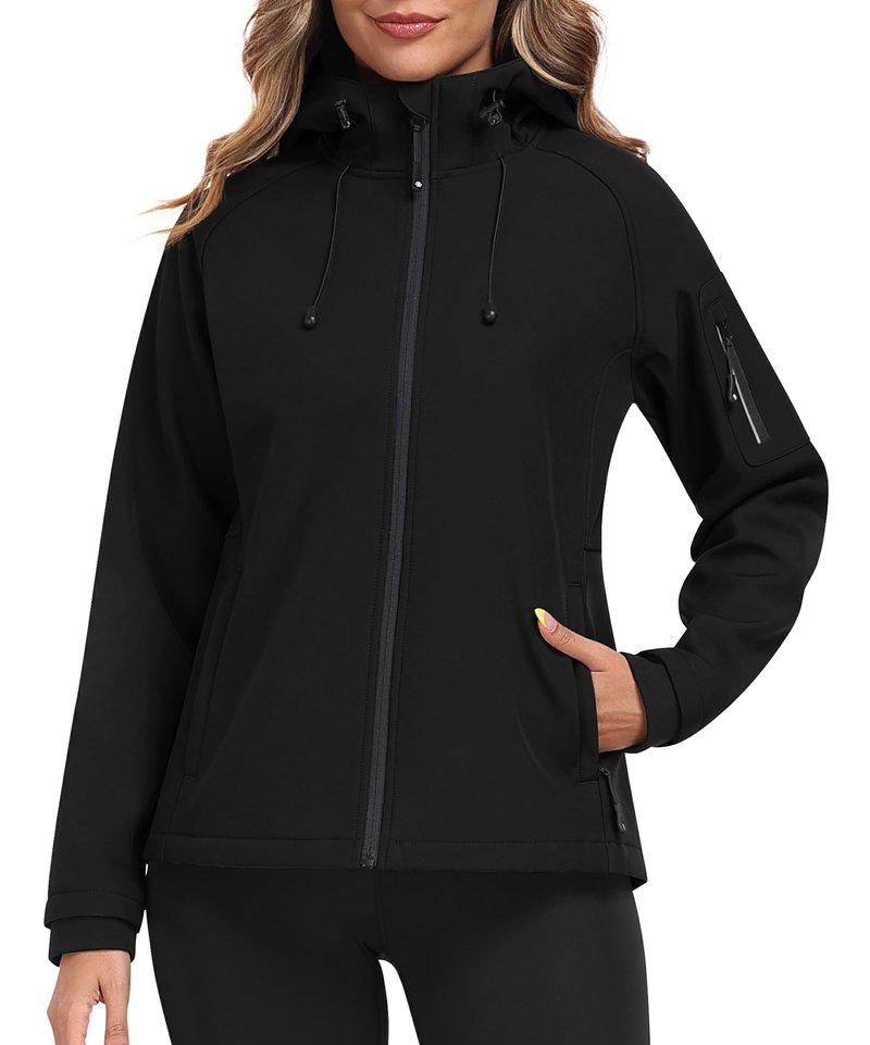 MoFiz Women's Softshell Jacket Fleece Lined Warm Jacket Lightweight Hooded Windproof Coat for Outdoor Hiking Black L