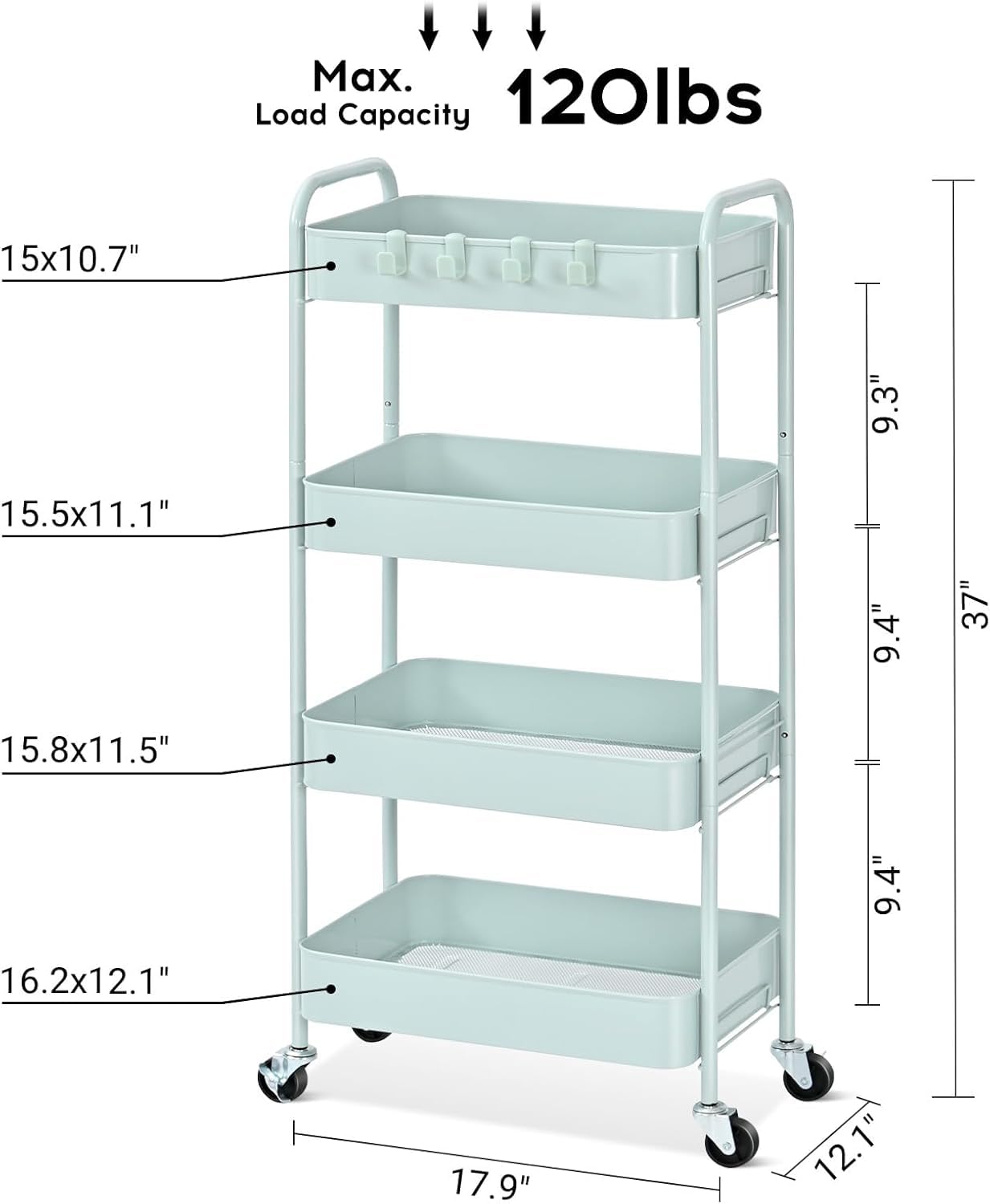 TOOLF 4-Tier Rolling Cart - Metal Storage Organizer with Lockable Wheels, 44 lbs Per Shelf Capacity, Tool-Free Assembly, for Kitchen Bathroom Office Laundry Room Nursery, Green