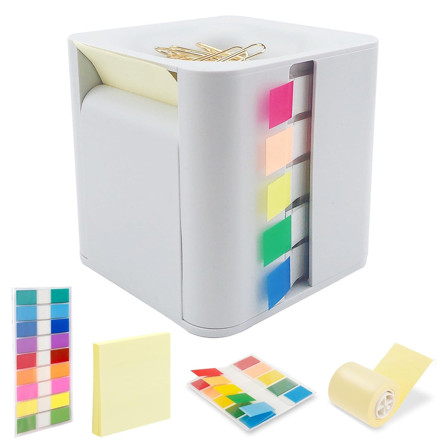 Sticky Note Holder and Dispenser with Magnetic Paper Clip Holder, 3x3 Pop-Up Note and Annotation Labels,Full Adhesive Note Roll Desktop Organizer.5-in-1 Multi-Function Standing Sticky Note Box(White)