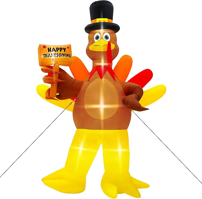 12FT Inflatable Turkey, LED Lighted Turkey Holding Happy Thanksgiving Sign for Fall Autumn Outdoor Yard Lawn Harvest Decor