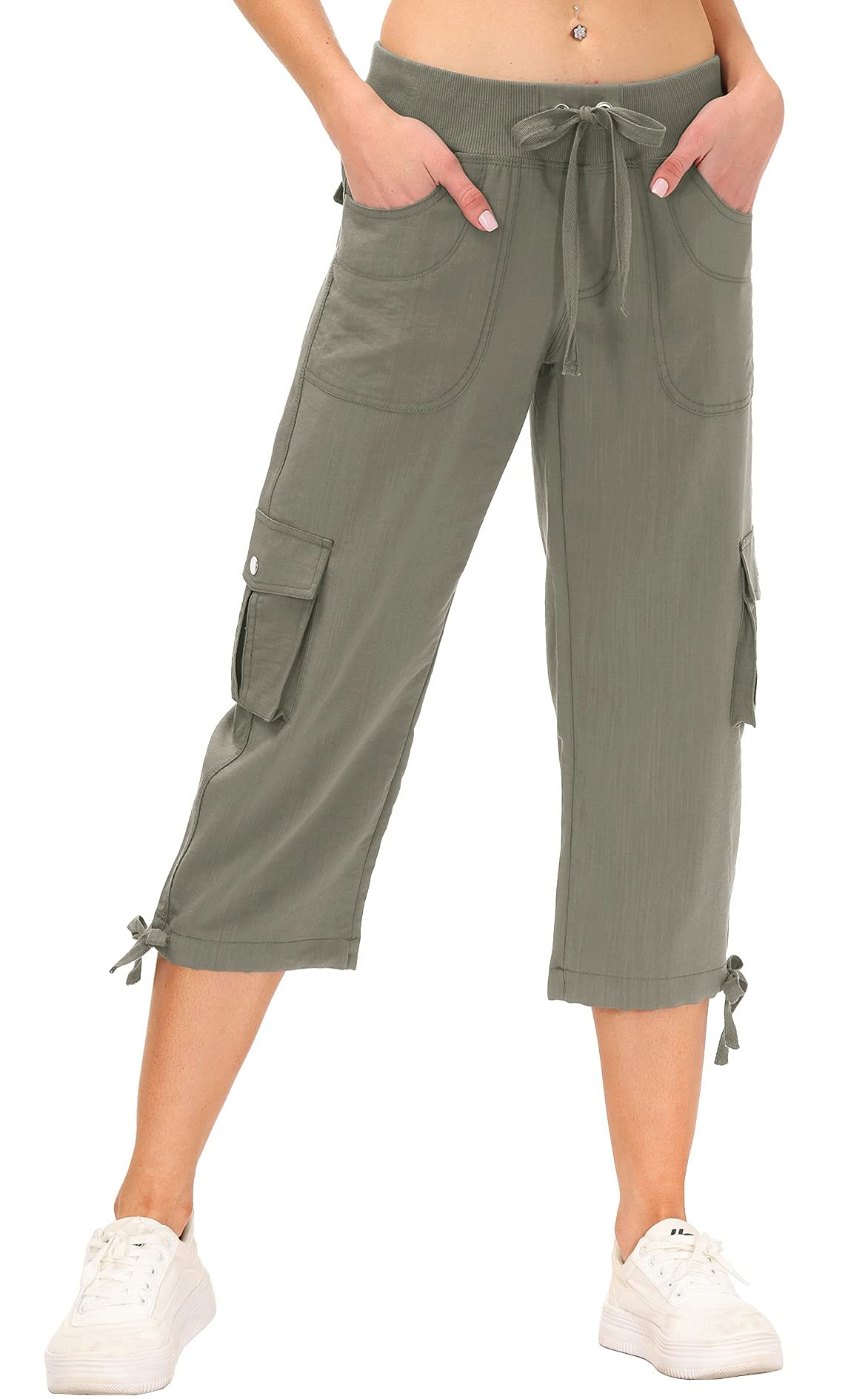 MoFiz Women's Cargo Hiking Pants Lightweight Quick Dry Running Capri Pants Athletic Workout Casual Outdoor Button Pockets Grey Khaki XL