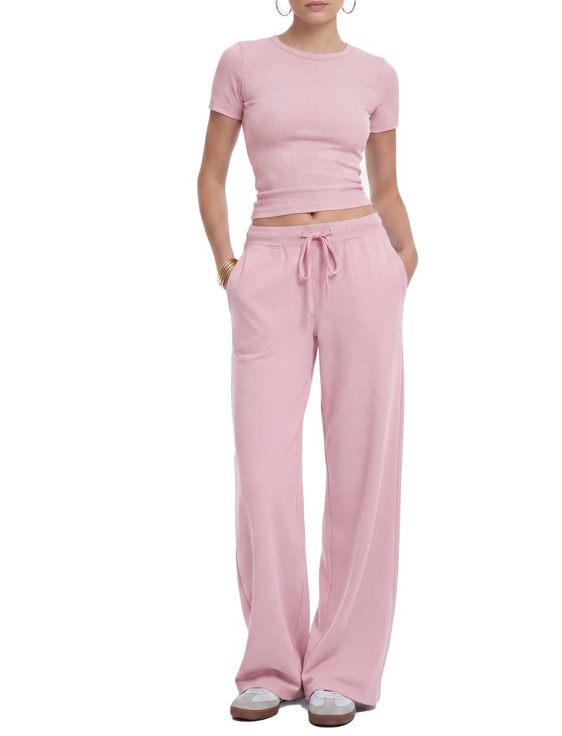 Flevita Womens 2 Pcs Sets Summer Travel Outfits T-shirts and 31" Wide Leg Pants Comfortable Airport Lounge Wear Set with Pockets Pink M