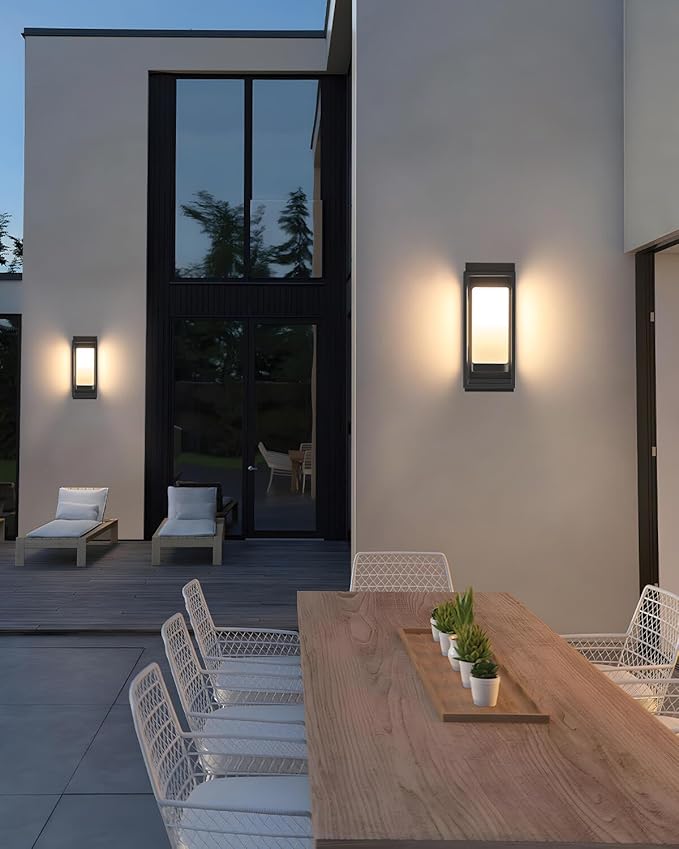 RAYVO Modern Outdoor Wall Light with Dusk to Dawn Sensor, Waterproof Exterior Light Fixture with E26 Base, 3000K LED Bulb Included, Black Metal Frame Outdoor Sconce Lights for Porch Garage Entryway