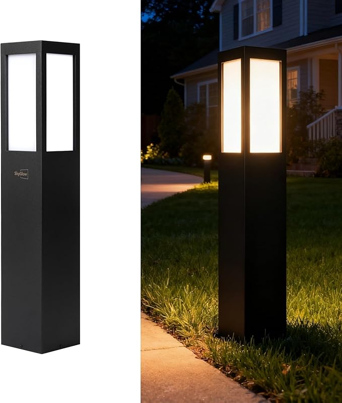 SkyGlow Solar Bollard Light, 32" Stainless Steel LED IP55 Outdoor Waterproof Curb Appeal Modern Landscape Path Lights for Garden, Pathway, Lawn, Patio, Courtyard and Driveway Decoration