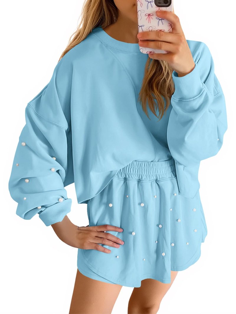 Fisoew Womens Casual 2 Piece Outfits Long Sleeve Pearl Sweatshirt and High Waisted Skort Shorts Fall Sets