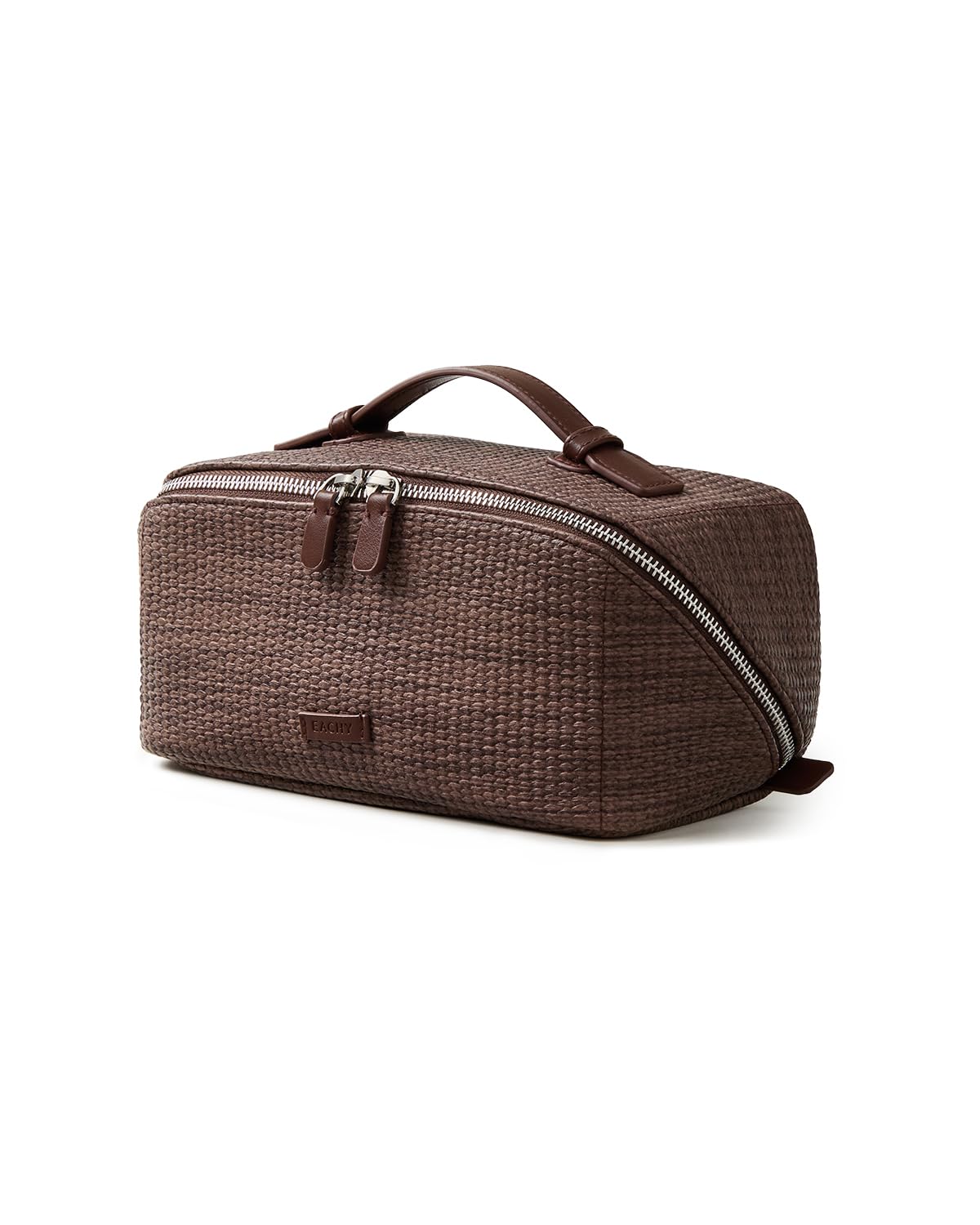 EACHY Travel Makeup Bag, Woven Travel Waterproof Toiletry Bag, Portable 180° Wide-Open Flat Cosmetic Bags for Women, Large Capacity Makeup Pouch with Divider and Handle