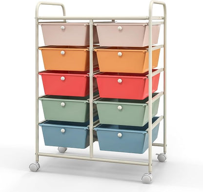 Giantex 10 Drawers Rolling Cart, Classroom Organizers, Storage Cart with Wheels, for Teacher Office Home School Supplies Tool Craft Art Paper, Multicolor