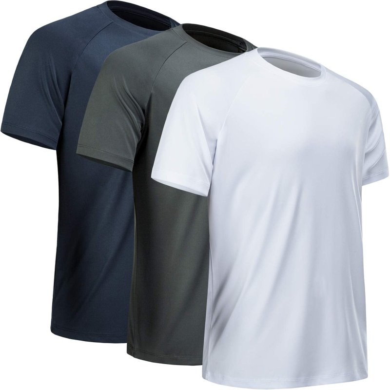 MCPORO Workout Shirts for Men Short Sleeve Quick Dry Athletic Gym Active T Shirt Moisture Wicking 3 Pack Navy, Dark Grey, White XX-Large