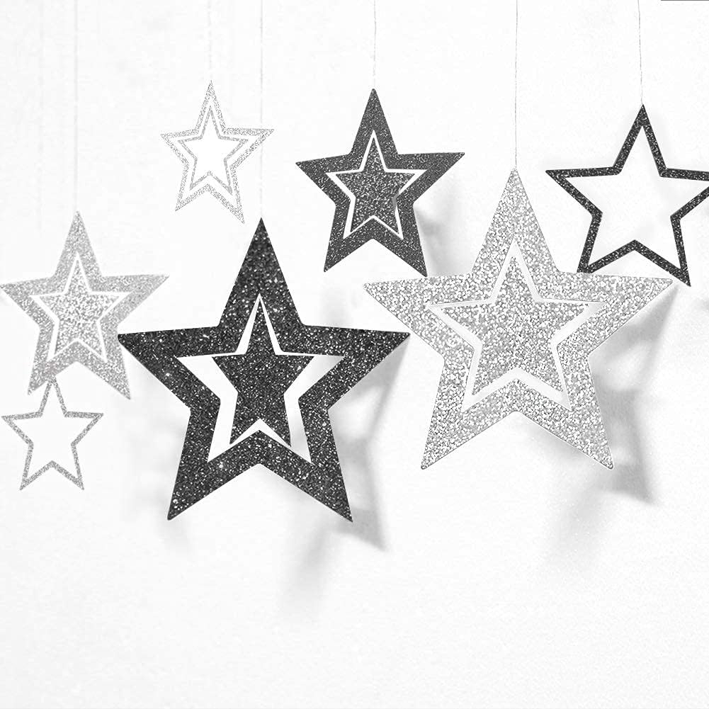 Cheerland Glitter Black Silver Party Decorations Star Garlands Starry Night Streamers Hanging Stars Birthday Twinkle Little Star Moon Decorations Graduation Halloween Wedding Bridal Ramadan NYE