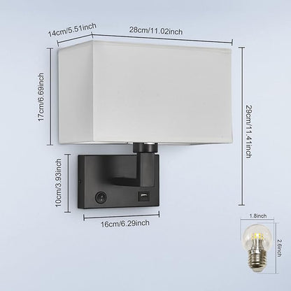 Bedside Wall Mount Light with USB, LED Reading Swing Arm Fabric Shade Wall Sconce Light Hardwired, Perfect for Bedroom, Living Room and Hotel (Black)