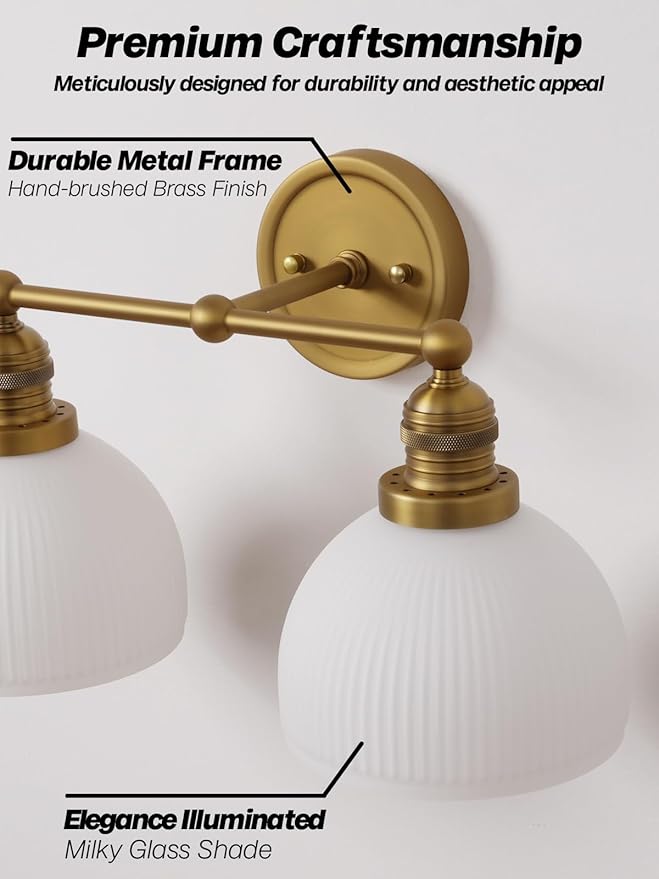 2-Light Gold Wall Sconces,Vintage Bathroom Wall Sconce Light with Milk Glass Double Arm Brass Bathroom Vanity Light for Living Room Bedroom Kitchen E26 Hardwire Indoor