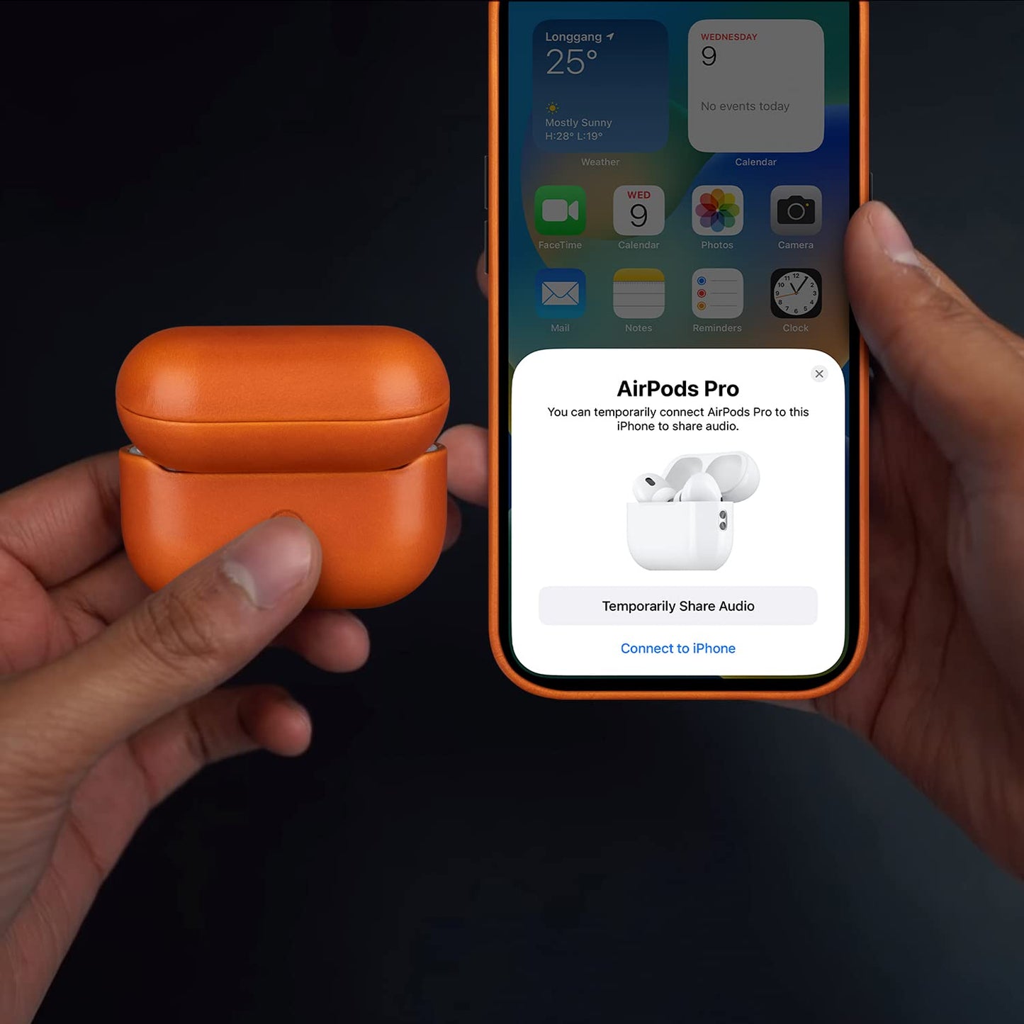 Maogoam for AirPods Pro 2 Leather Case Cover with Button, Genuine Crystal Vegetable Tanned Oil Wax Leather Case for AirPods Pro 2nd Generation, Elegant Style, Front LED Visible, Orange