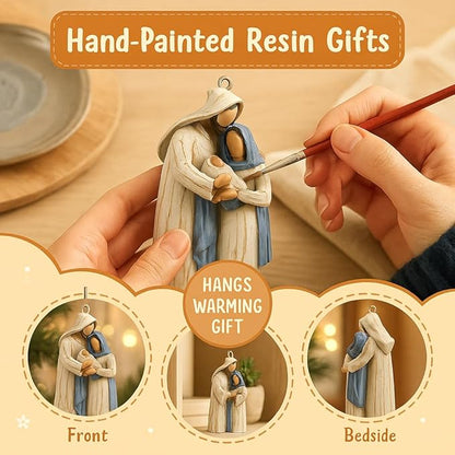 Holy Family Nativity Hanging Ornament – Hand-Painted Resin Christmas Décor Religious Gift Keepsake for Tree or Wreath, Mary Joseph and Baby Jesus Figurine (Holy Family)